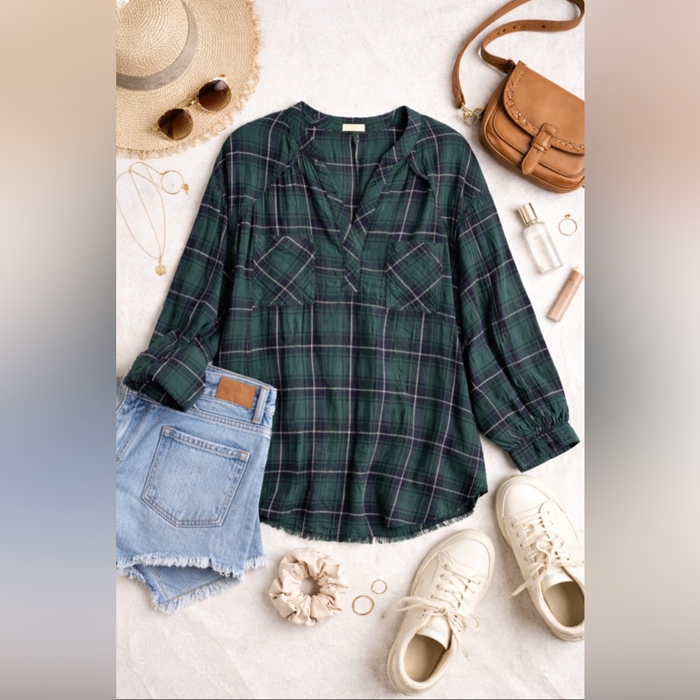 Free People Intimately Not Your Boyfriend’s Plaid Oversized Top~Green/Blue ~ XS - Picture 2 of 16